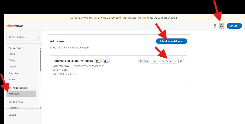 Nitromule Addresses page with Add New Address and Set Default